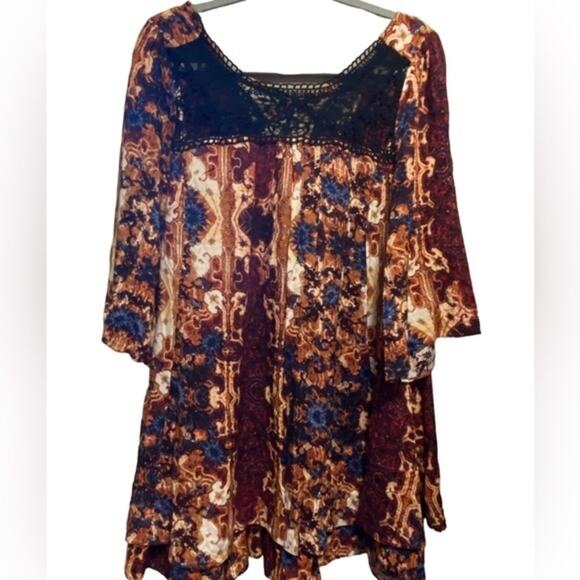Umgee Bohemian Blouse Women’s Size L Embroidered Lace Ruffle Lined Fall Colors - Picture 1 of 14